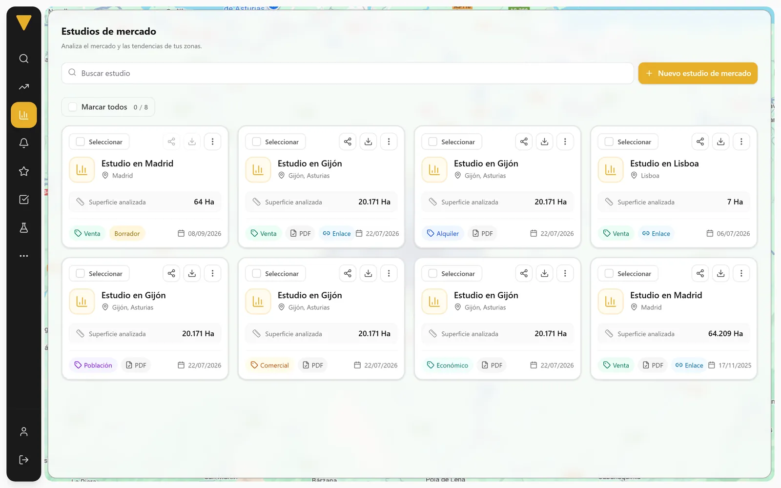Lista «Estudos de mercado» na Betterplace com estudos de venda, arrendamento, população, comercial e económico (dados de exemplo)