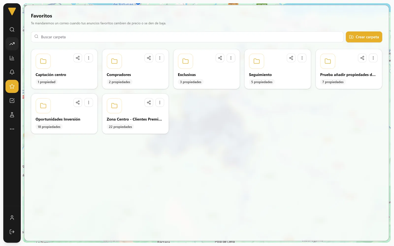 Interfaccia di Betterplace con dati di esempio: cartelle dei preferiti