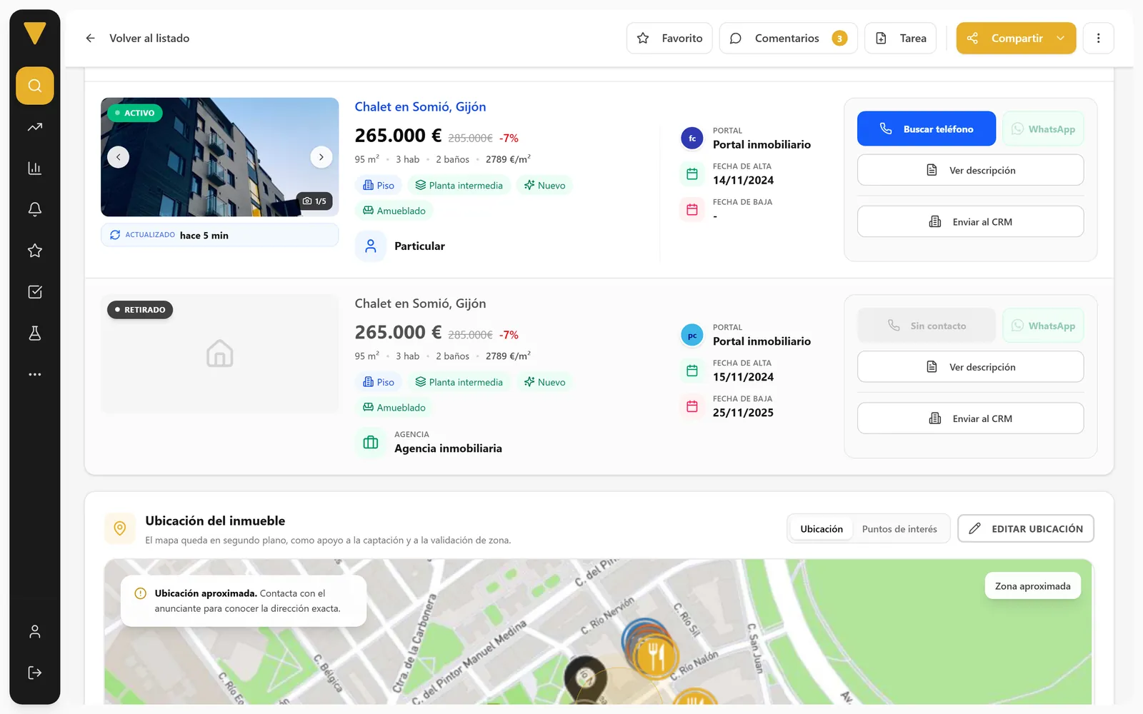 Interface Betterplace : annonces d'un même bien avec le bouton Envoyer au CRM (données d'exemple)