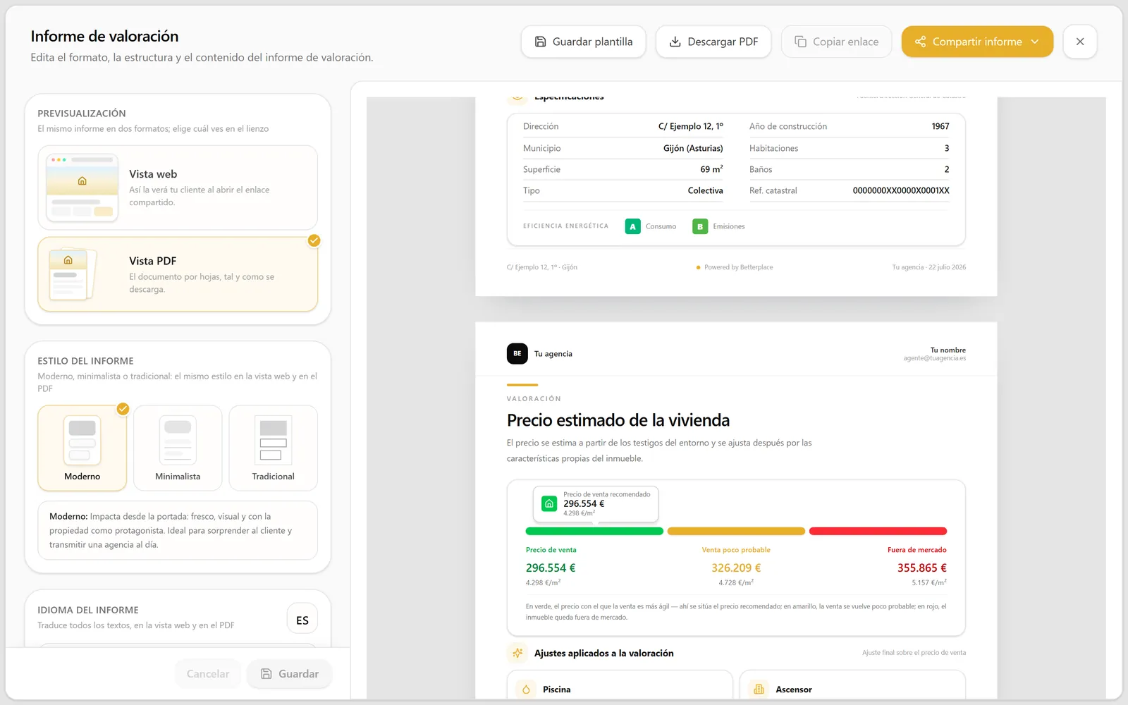 Interfaz de Betterplace con datos de ejemplo