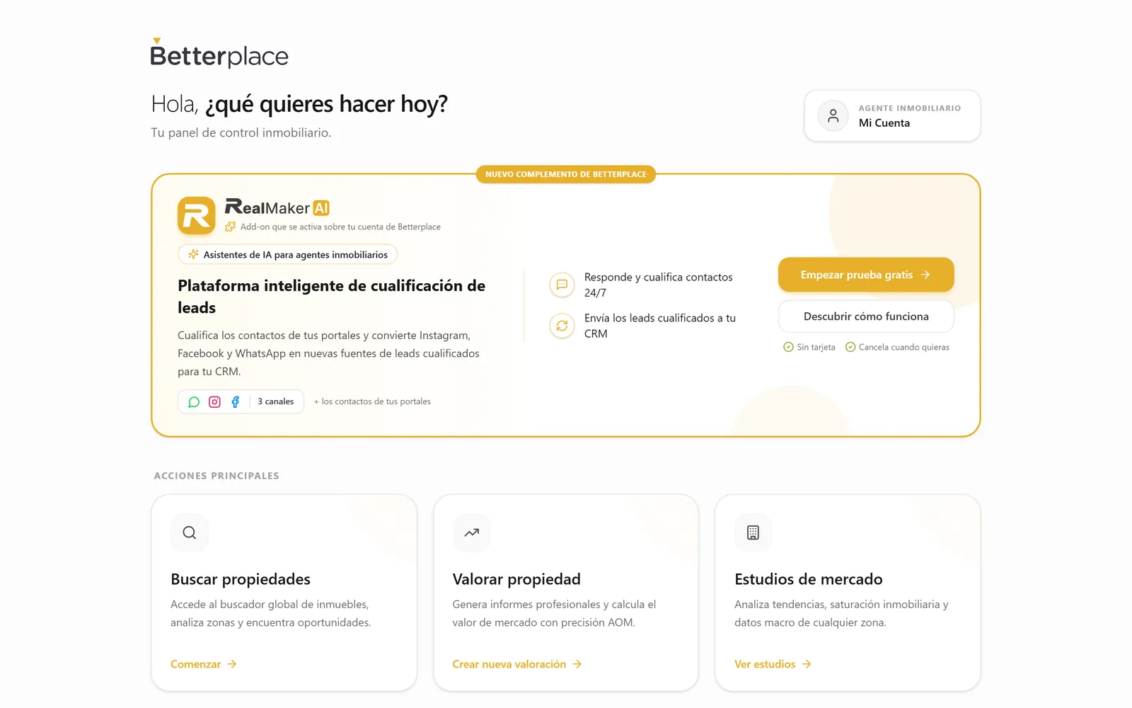 Interfaccia di Betterplace: pagina iniziale con le azioni principali