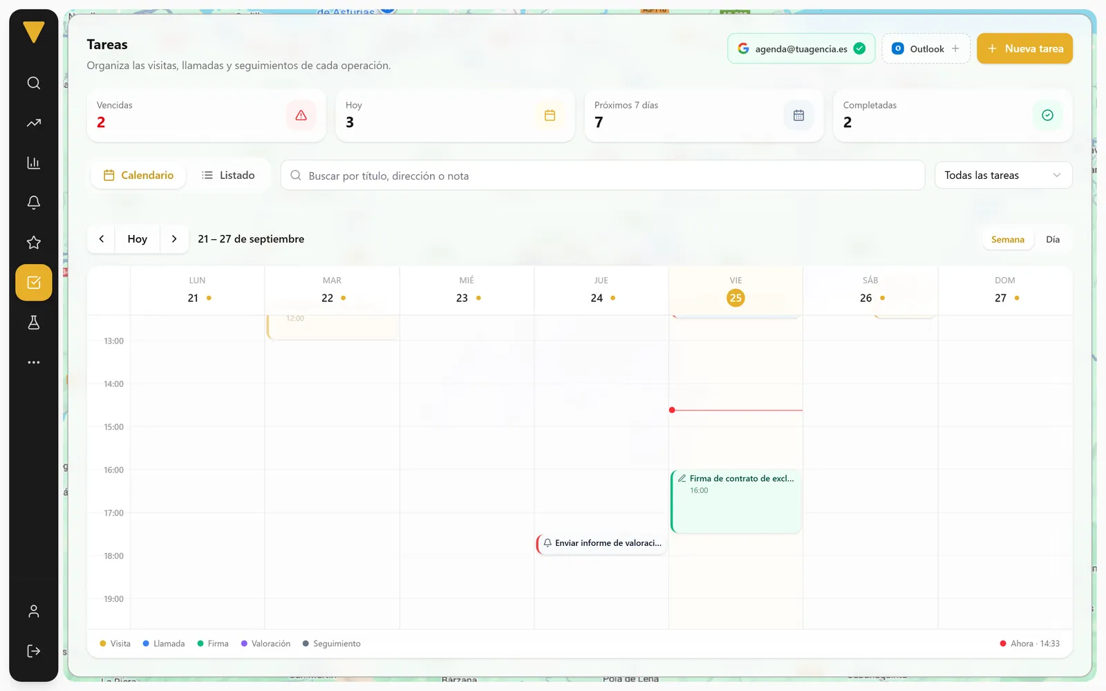Interfaccia di Betterplace con dati di esempio: calendario delle attività con Google Calendar e Outlook